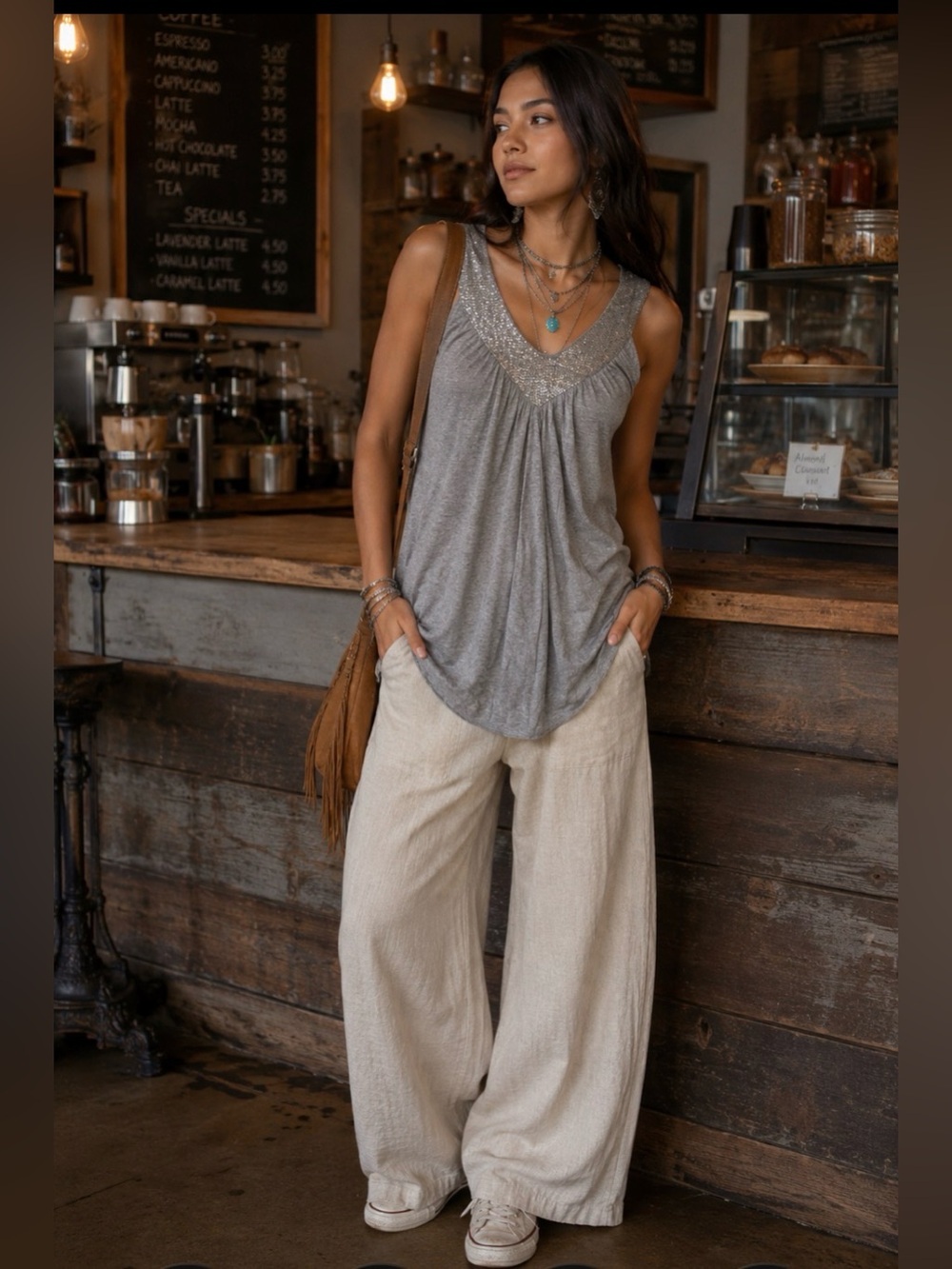 Matty M Y2K Grey Tank Top with Silver Beaded V-Neck Size Large